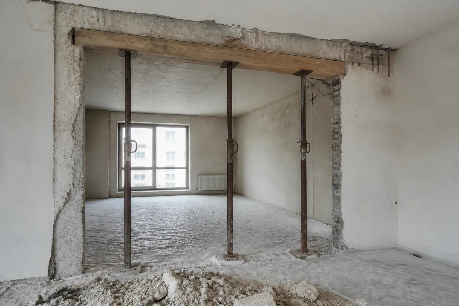 Trois étais métalliques réglables soutenant une poutre de répartition sous un linteau en cours de reprise, dans un logement vide