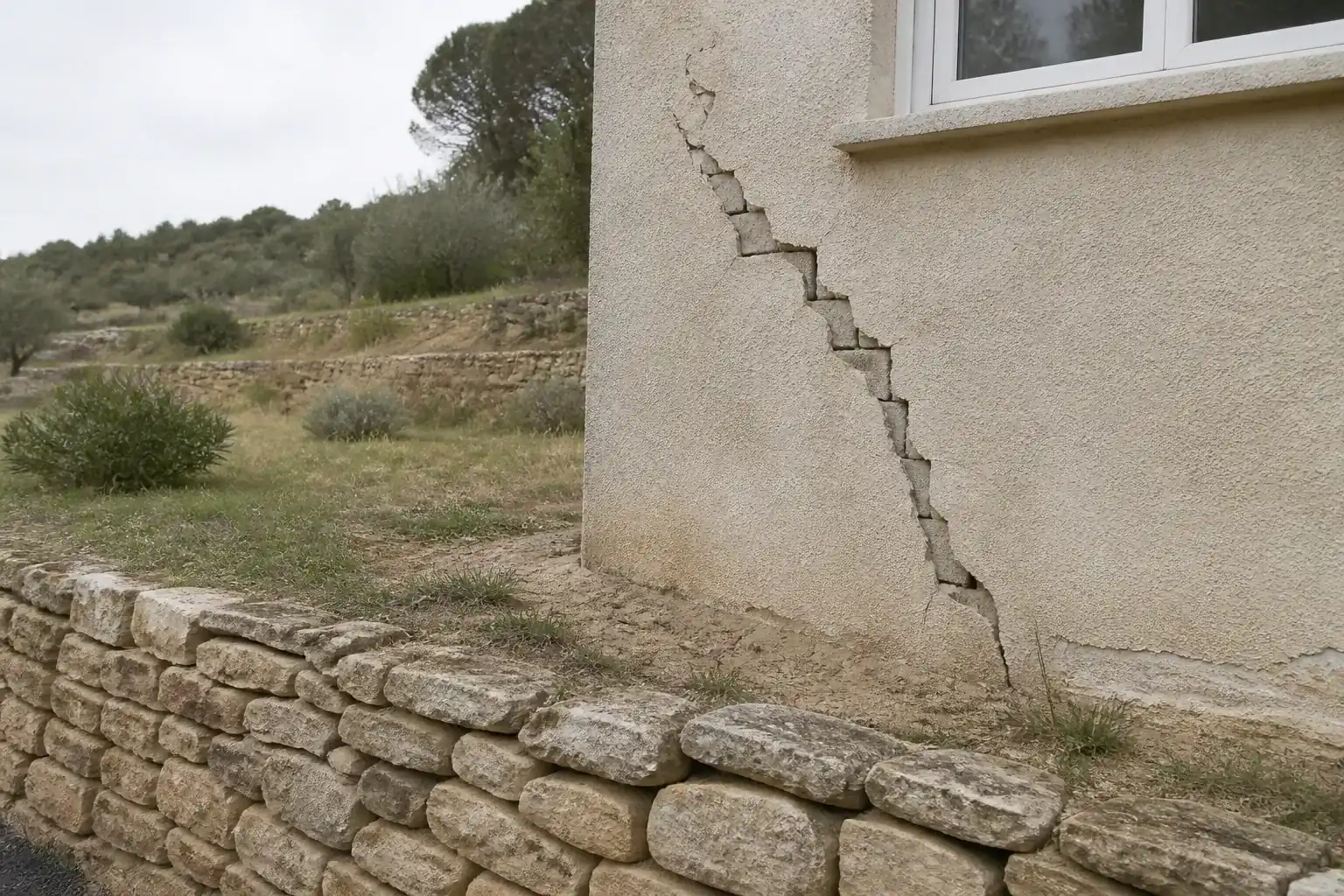Fissure en escalier remontant en diagonale sur l’angle enduit d’une maison bâtie sur terrain en pente, muret de soutènement au premier plan