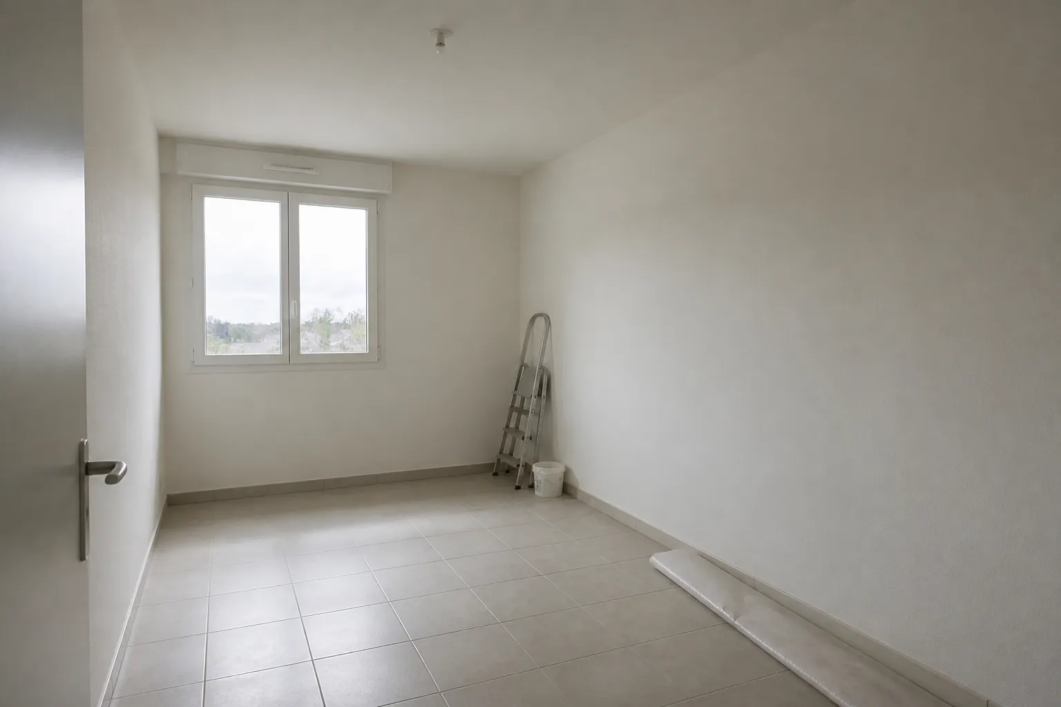 Pièce d’appartement vide en fin de chantier, murs fraîchement repeints en blanc cassé et protections de sol à demi retirées