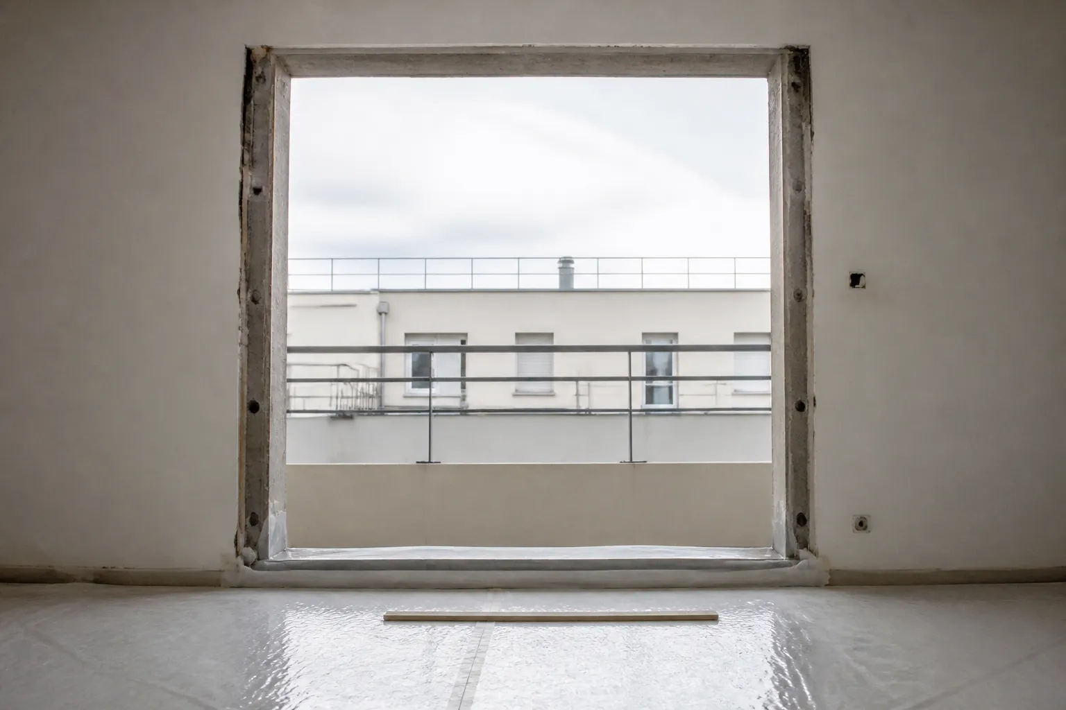 Tableau de fenêtre mis à nu vu depuis l’intérieur d’un appartement vide, jambages en béton et garde-corps de balcon visibles par l’ouverture